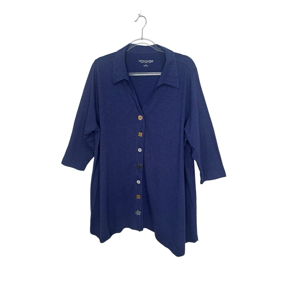 Soft Surroundings Size 2X Tunic Top Navy Unique Buttons Artsy Lagenlook Cotton